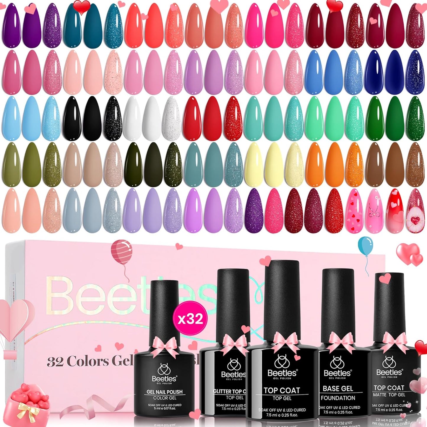 Set Summer Gel Nail Polish Kit Spring Pastel 36 Pcs 32 Colors with Base Top Coat Hot Pink Green Black White Burgundy Red Blue Purple Gifts for Women Fingertip Palette