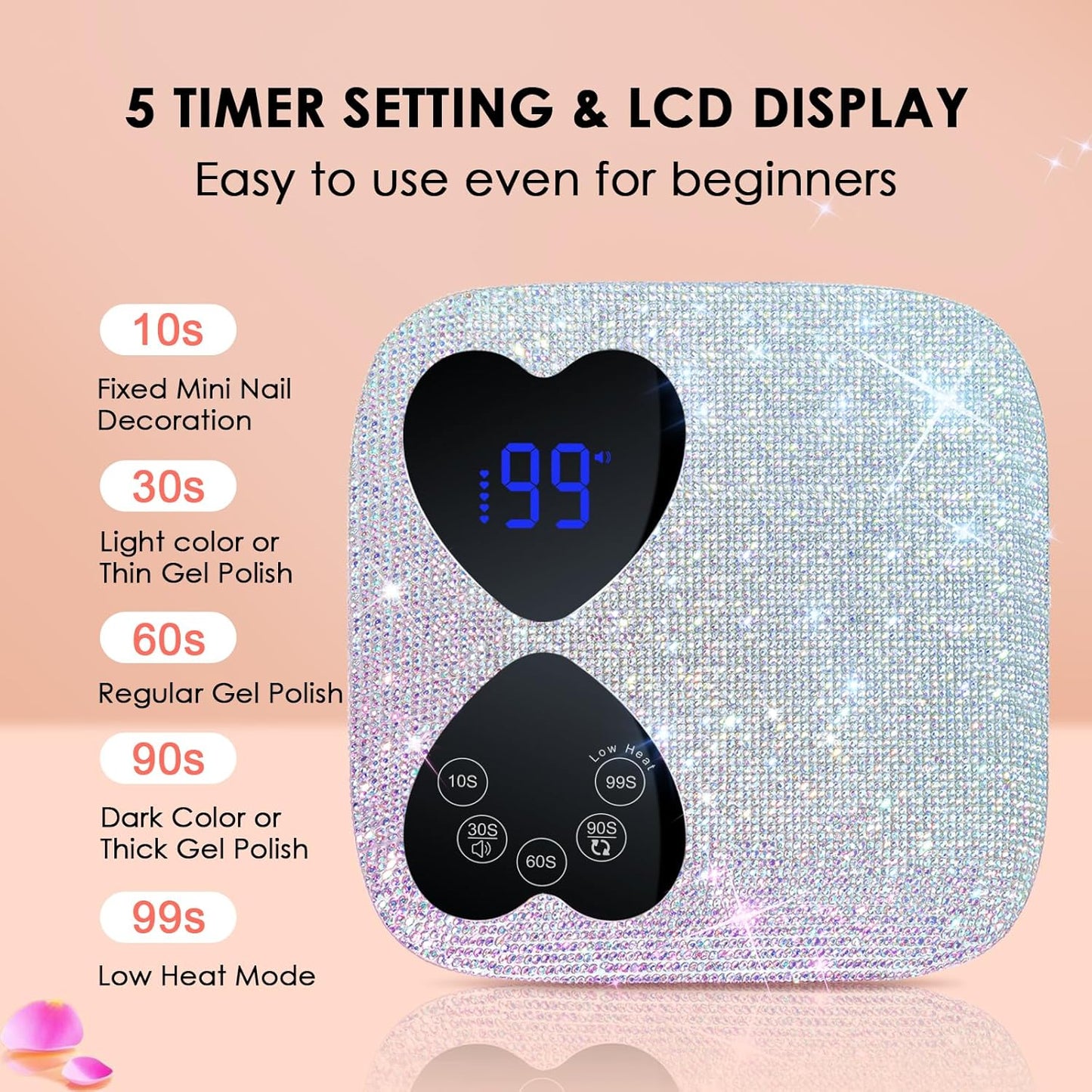 UV LED Nail Lamp Cordless, 80W Rechargeable UV Light for Gel Nails, Professional Gel Light Dryer with 5 Timers & Mirror Base, Sparkling Rhinestones Diamond Curing Lamp for Salon & Home