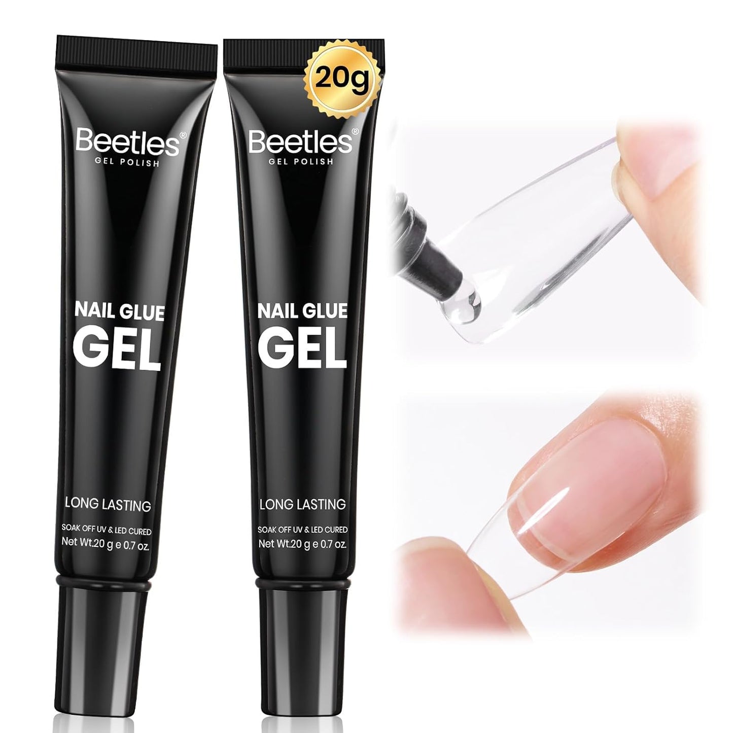 Beetles Nail Glue Gel 2Pcs*20G Tipex Solid Nail Glue Gel, Soft Nail Tips Gel Super Strong for Acrylic Nails Extension Fake Nails
