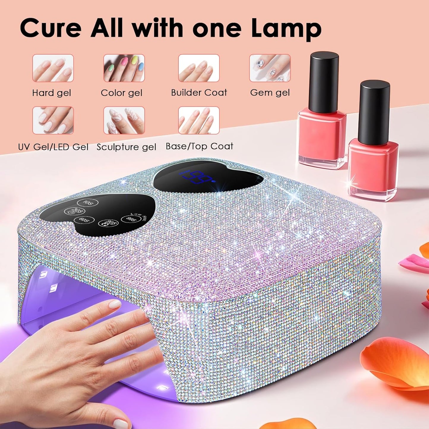 UV LED Nail Lamp Cordless, 80W Rechargeable UV Light for Gel Nails, Professional Gel Light Dryer with 5 Timers & Mirror Base, Sparkling Rhinestones Diamond Curing Lamp for Salon & Home