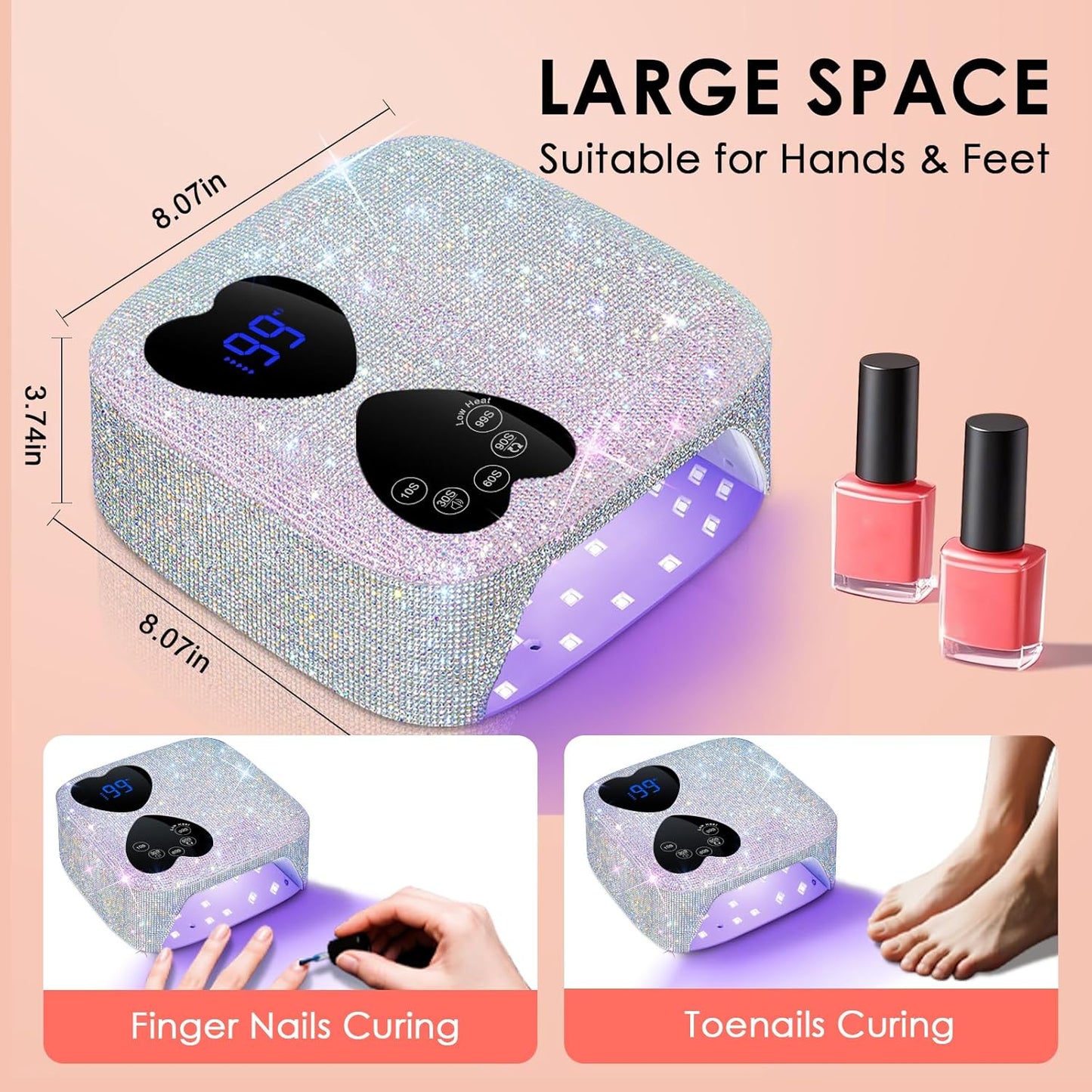 UV LED Nail Lamp Cordless, 80W Rechargeable UV Light for Gel Nails, Professional Gel Light Dryer with 5 Timers & Mirror Base, Sparkling Rhinestones Diamond Curing Lamp for Salon & Home