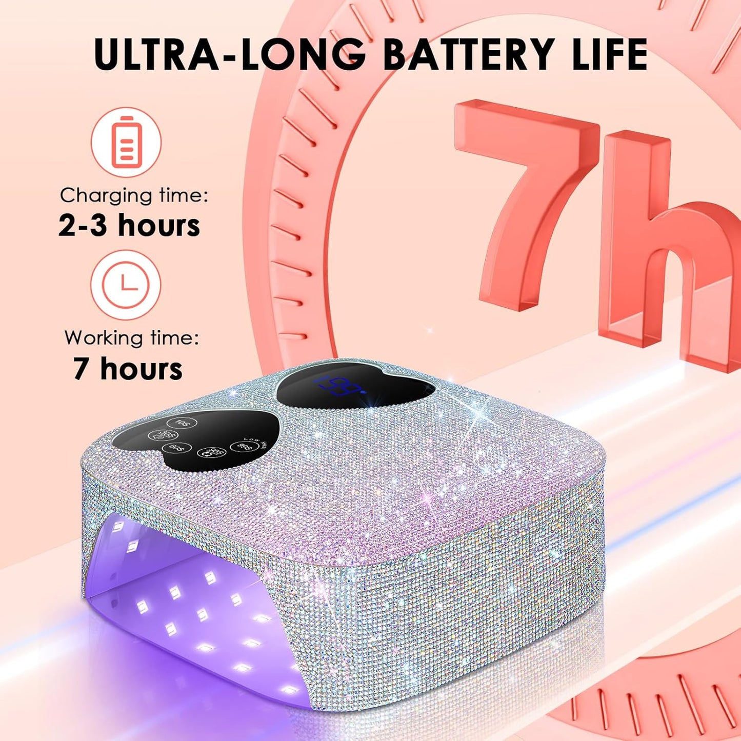 UV LED Nail Lamp Cordless, 80W Rechargeable UV Light for Gel Nails, Professional Gel Light Dryer with 5 Timers & Mirror Base, Sparkling Rhinestones Diamond Curing Lamp for Salon & Home