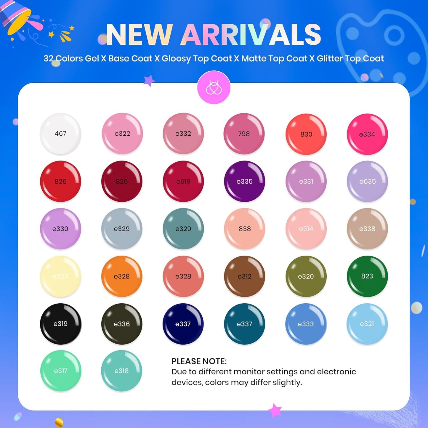 Set Summer Gel Nail Polish Kit Spring Pastel 36 Pcs 32 Colors with Base Top Coat Hot Pink Green Black White Burgundy Red Blue Purple Gifts for Women Fingertip Palette