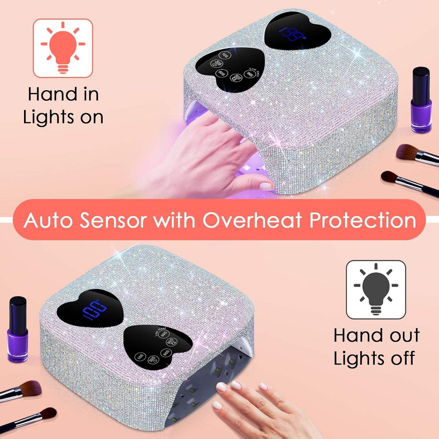 UV LED Nail Lamp Cordless, 80W Rechargeable UV Light for Gel Nails, Professional Gel Light Dryer with 5 Timers & Mirror Base, Sparkling Rhinestones Diamond Curing Lamp for Salon & Home