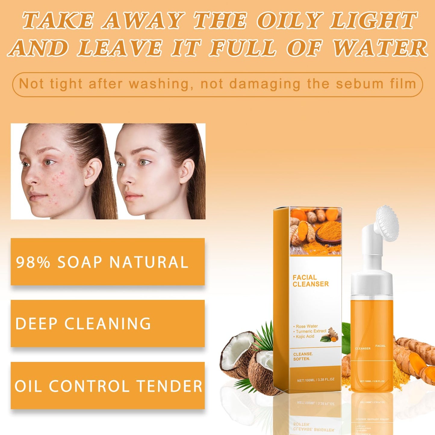 Turmeric Wash and Care Three Piece Set,Tuemeric Facial Cleanser & Turmeric Soap Bar & Turmeric Face Scrub Pads,Turmeric Cleansing Skincare Set,Deep Cleansing(1Set)