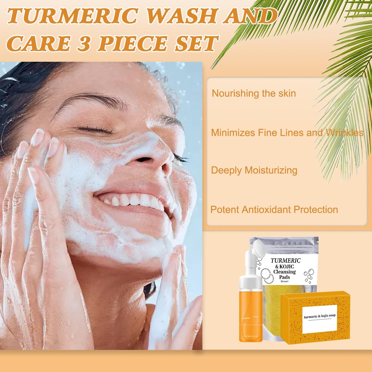 Turmeric Wash and Care Three Piece Set,Tuemeric Facial Cleanser & Turmeric Soap Bar & Turmeric Face Scrub Pads,Turmeric Cleansing Skincare Set,Deep Cleansing(1Set)