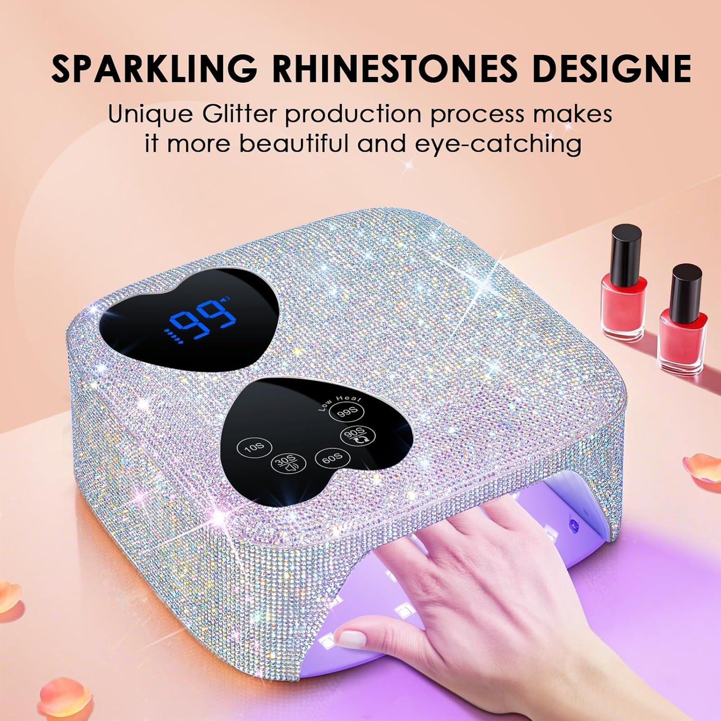 UV LED Nail Lamp Cordless, 80W Rechargeable UV Light for Gel Nails, Professional Gel Light Dryer with 5 Timers & Mirror Base, Sparkling Rhinestones Diamond Curing Lamp for Salon & Home