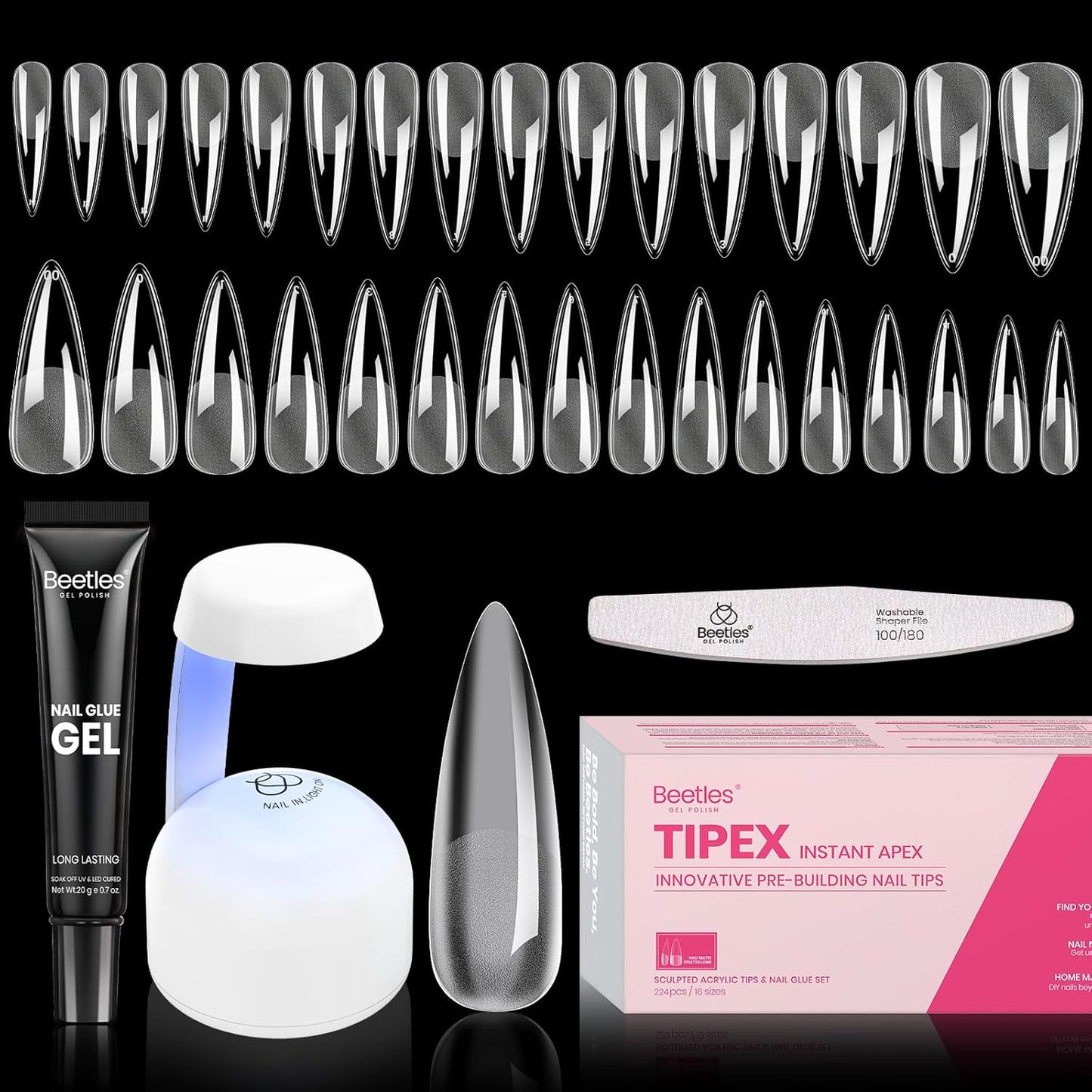 Beetles Tipex Instant Apex Nail Tips Kit, Long Stiletto 16 Sizes with Tipex Nail Glue Mini Nail Lamp