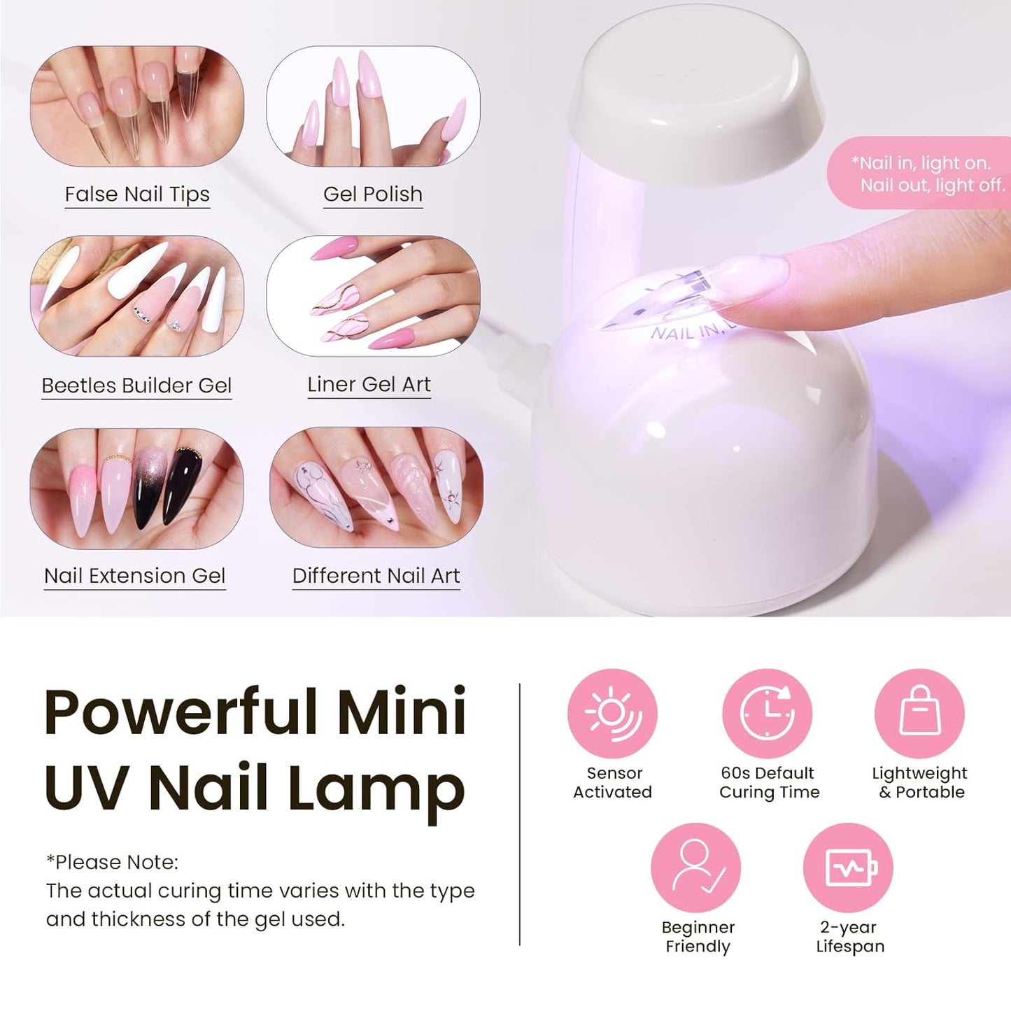 Beetles Tipex Instant Apex Nail Tips Kit, Long Stiletto 16 Sizes with Tipex Nail Glue Mini Nail Lamp