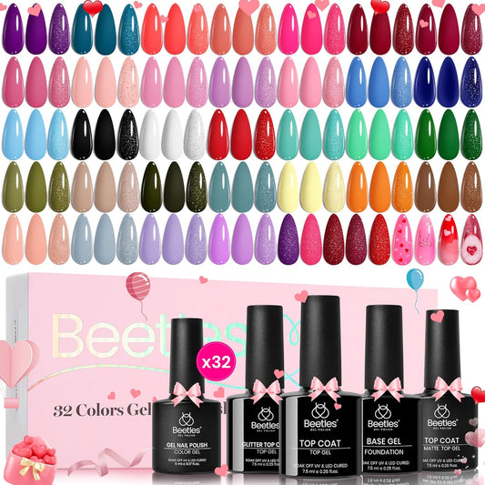Set Summer Gel Nail Polish Kit Spring Pastel 36 Pcs 32 Colors with Base Top Coat Hot Pink Green Black White Burgundy Red Blue Purple Gifts for Women Fingertip Palette