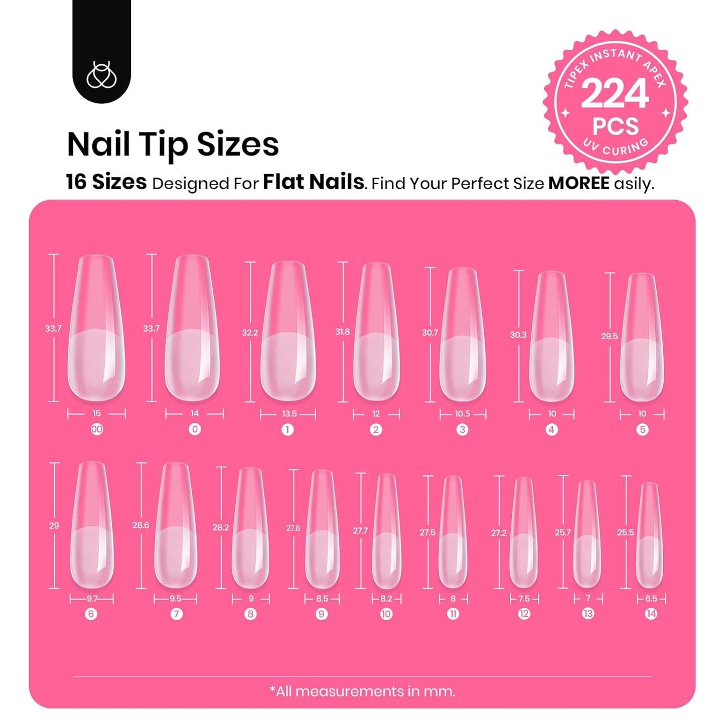 Beetles Tipex Instant Apex Nail Tips Kit, Coffin Long 224Pcs 16 Sizes Pre-Building & Pre-Etched Thicker Acrylic Nails False Nail Extension with Tipex Nail Glue Mini Nail Lamp for Flat Nails