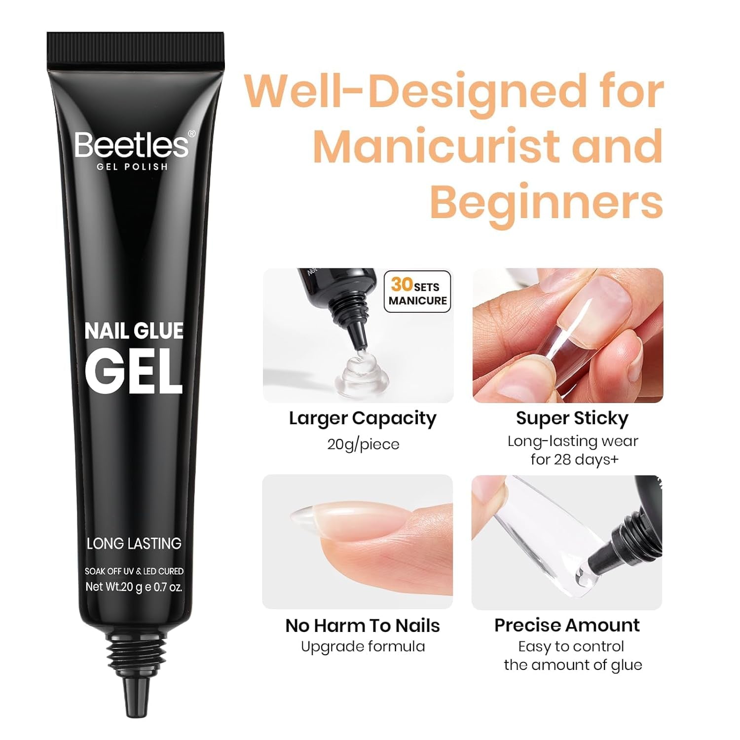 Beetles Nail Glue Gel 2Pcs*20G Tipex Solid Nail Glue Gel, Soft Nail Tips Gel Super Strong for Acrylic Nails Extension Fake Nails