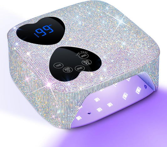 UV LED Nail Lamp Cordless,  80W Rechargeable UV Light for Gel Nails, Professional Gel Light Dryer with 5 Timers & Mirror Base, Sparkling Rhinestones Diamond Curing Lamp for Salon & Home