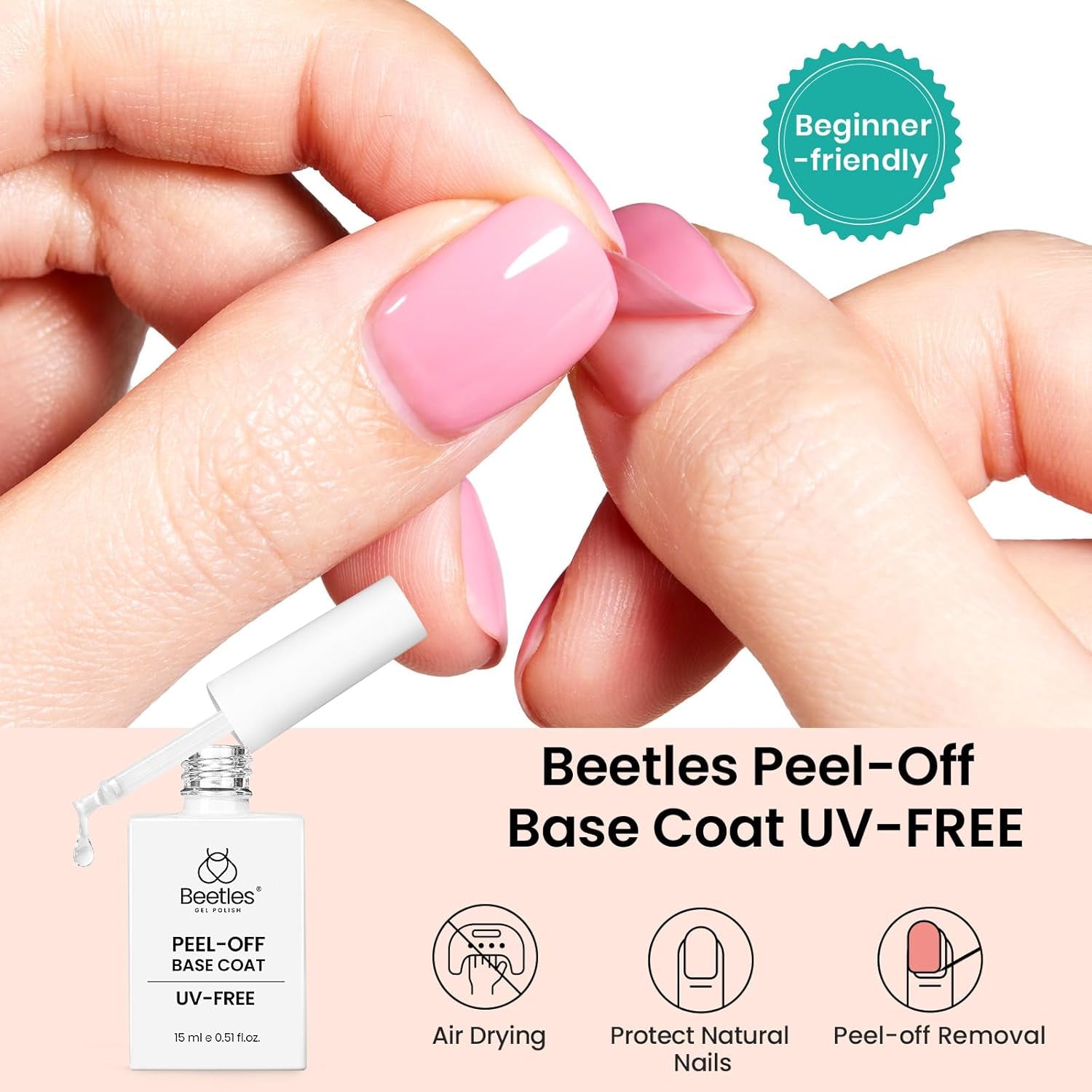 Beetles Peel off Base Coat for Gel Nail Polish – 15Ml No Lamp Air Dry Base for Nail Practice, Beginner Friendly, Easy Removal Gentle Formula for Press on Nails and DIY Nail Art