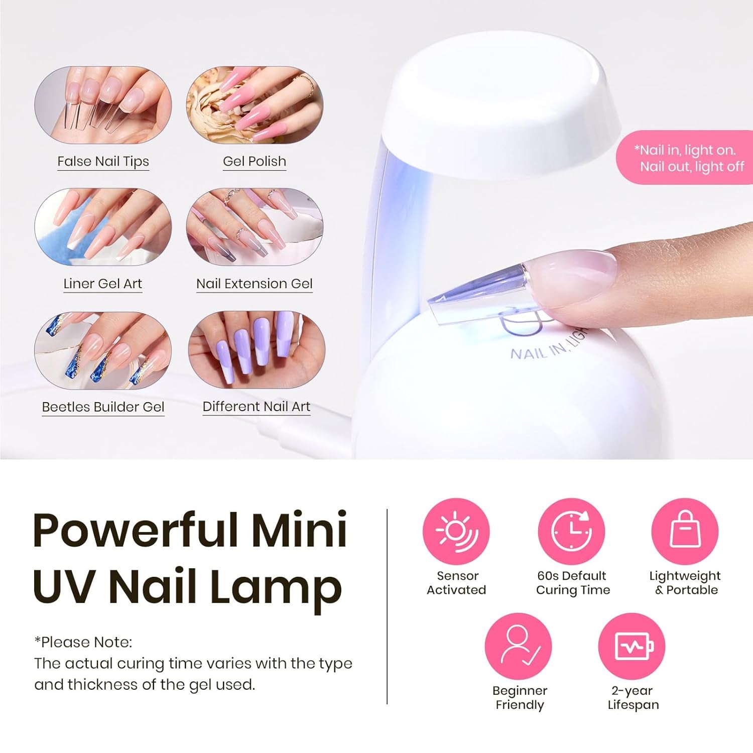 Beetles Tipex Instant Apex Nail Tips Kit, Coffin Long 224Pcs 16 Sizes Pre-Building & Pre-Etched Thicker Acrylic Nails False Nail Extension with Tipex Nail Glue Mini Nail Lamp for Flat Nails