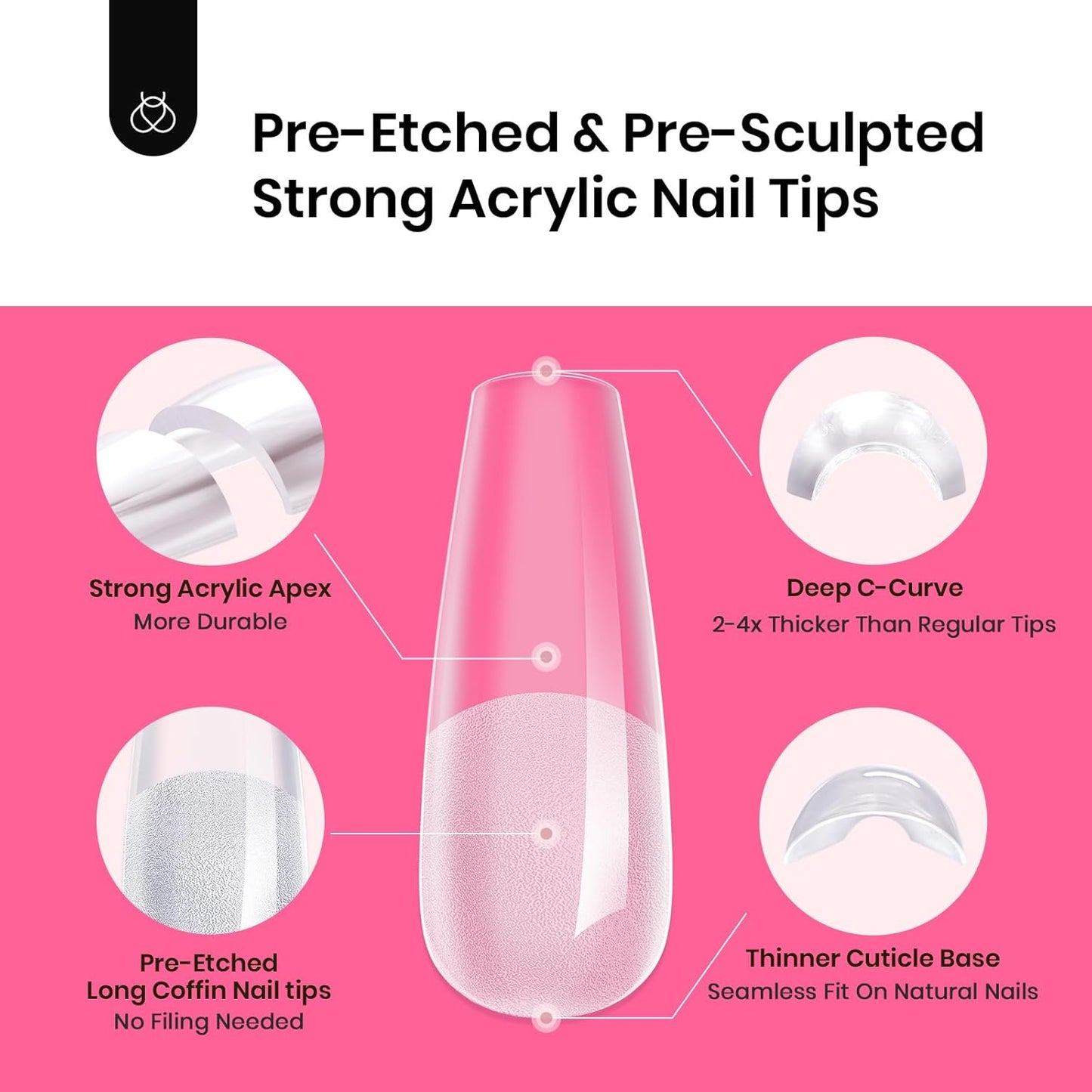 Beetles Tipex Instant Apex Nail Tips Kit, Coffin Long 224Pcs 16 Sizes Pre-Building & Pre-Etched Thicker Acrylic Nails False Nail Extension with Tipex Nail Glue Mini Nail Lamp for Flat Nails