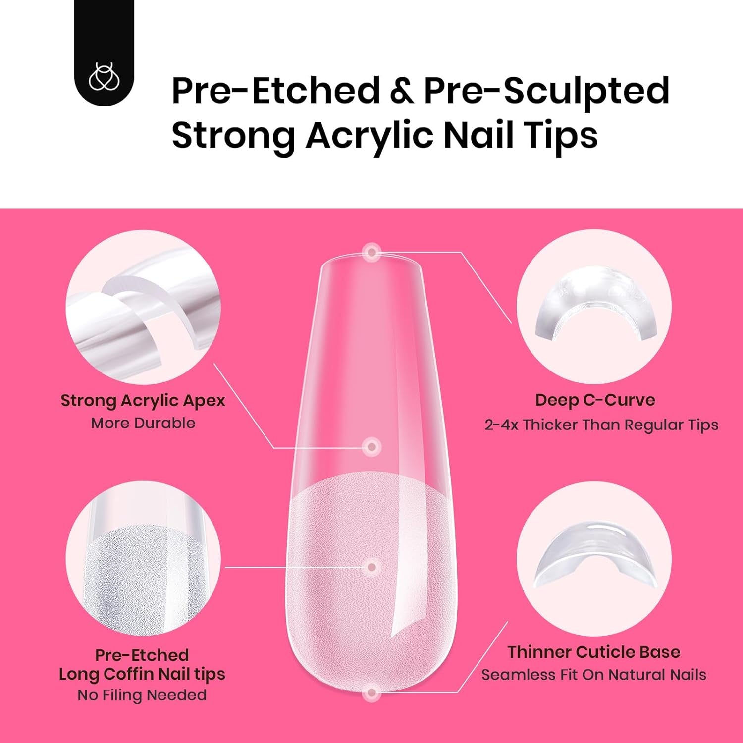 Beetles Tipex Instant Apex Nail Tips Kit, Coffin Long 224Pcs 16 Sizes Pre-Building & Pre-Etched Thicker Acrylic Nails False Nail Extension with Tipex Nail Glue Mini Nail Lamp for Flat Nails