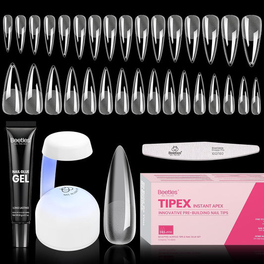 Beetles Tipex Instant Apex Nail Tips Kit, Long Stiletto 16 Sizes with Tipex Nail Glue Mini Nail Lamp