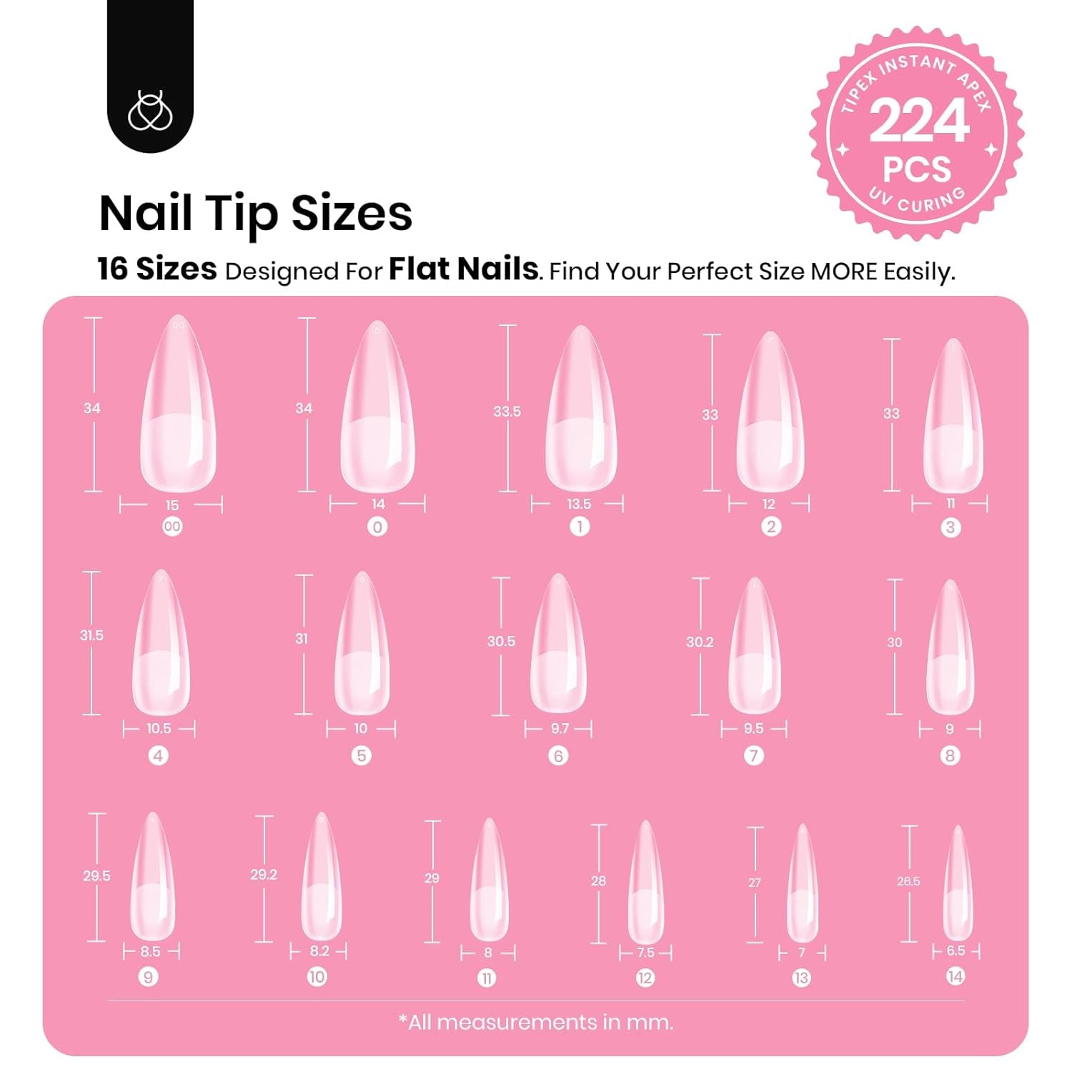 Beetles Tipex Instant Apex Nail Tips Kit, Long Stiletto 16 Sizes with Tipex Nail Glue Mini Nail Lamp